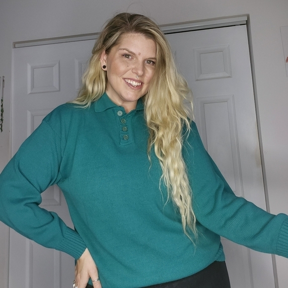 Vintage Sweaters - VINTAGE FAIRSET BOLD GREEN POLO PULLOVER KNIT SWEATER SIZE XL